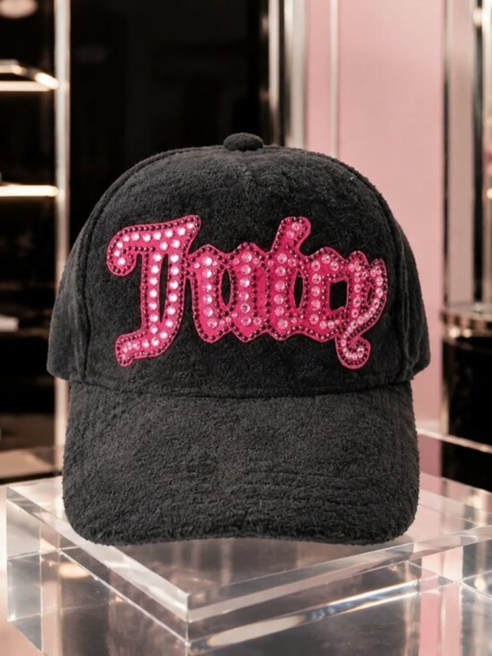 Juicy Couture Black Velour Baseball Cap Pink Rhinestone Logo NWT